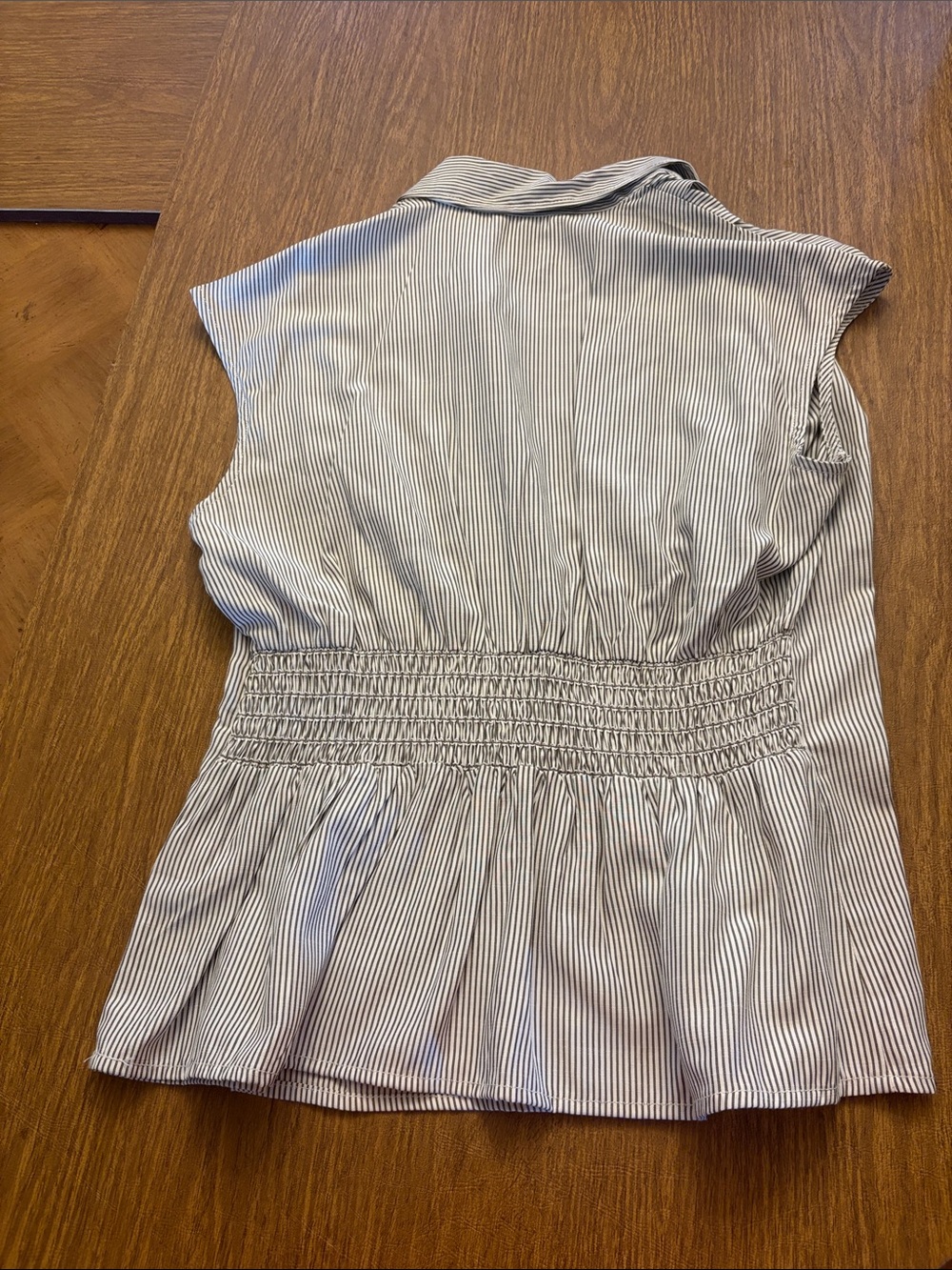 Max Studio Navy & White Pinstripe Cap Sleeve Button-Front Top - Picture 2 of 3